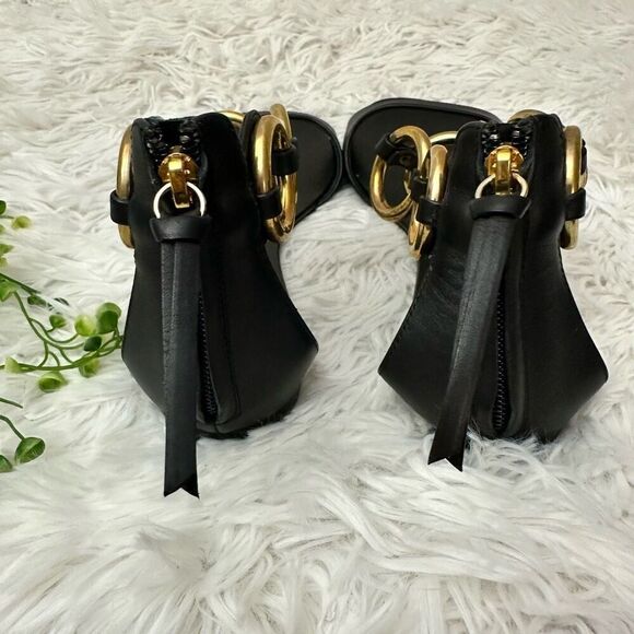 Giuseppe Zanotti Black Leather Gold Ring Ankle Strap OpenToe Sandals 36.5/6.5 US - Picture 4 of 11